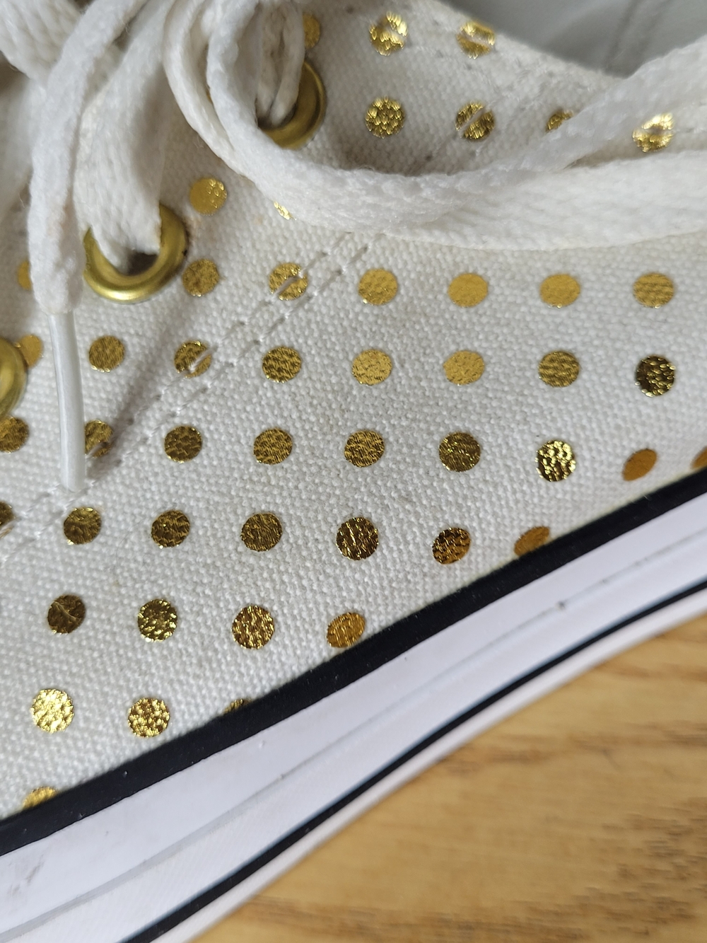 Converse White Canvas Sneakers with Gold Polka Dots